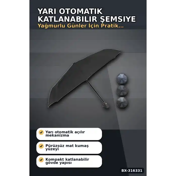 Yarı Otomatik Katlanabilir Şemsiye Orta Boy Siyah Desenli Ergonomik Saplı 1 Adet BX-316331