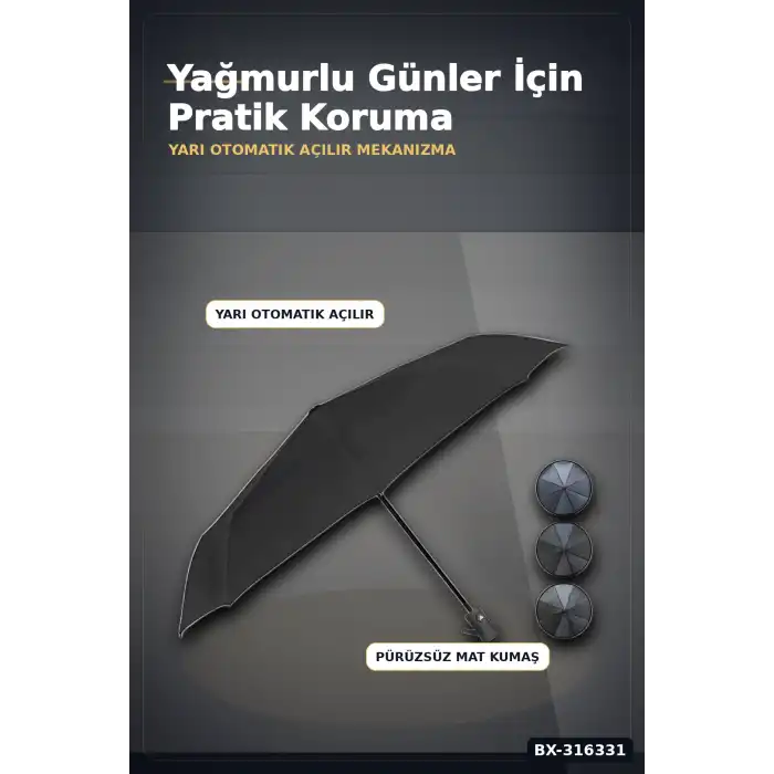 Yarı Otomatik Katlanabilir Şemsiye Orta Boy Siyah Desenli Ergonomik Saplı 1 Adet BX-316331