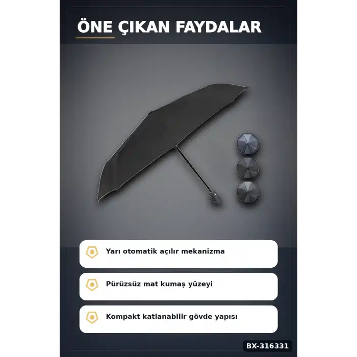 Yarı Otomatik Katlanabilir Şemsiye Orta Boy Siyah Desenli Ergonomik Saplı 1 Adet BX-316331