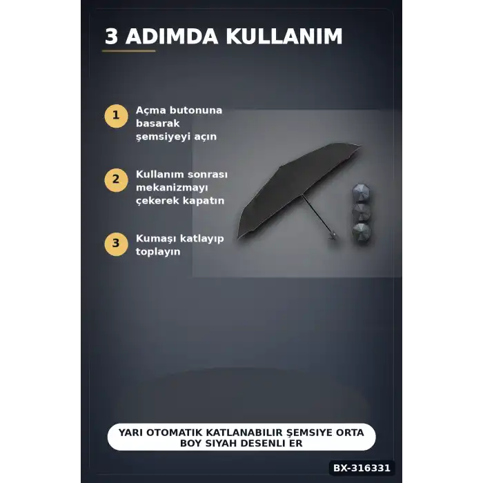 Yarı Otomatik Katlanabilir Şemsiye Orta Boy Siyah Desenli Ergonomik Saplı 1 Adet BX-316331