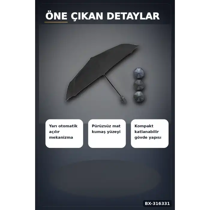 Yarı Otomatik Katlanabilir Şemsiye Orta Boy Siyah Desenli Ergonomik Saplı 1 Adet BX-316331