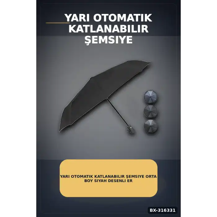 Yarı Otomatik Katlanabilir Şemsiye Orta Boy Siyah Desenli Ergonomik Saplı 1 Adet BX-316331