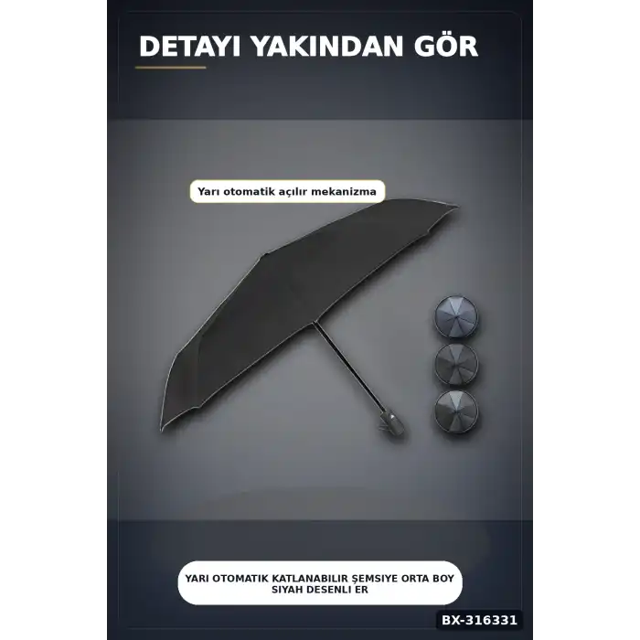 Yarı Otomatik Katlanabilir Şemsiye Orta Boy Siyah Desenli Ergonomik Saplı 1 Adet BX-316331