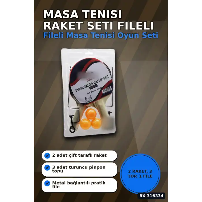 Masa Tenisi Raket Seti Fileli Pinpon Raketi - 2 Raket 3 Top 1 File Ayak BX-316334