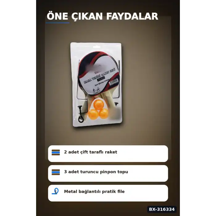 Masa Tenisi Raket Seti Fileli Pinpon Raketi - 2 Raket 3 Top 1 File Ayak BX-316334