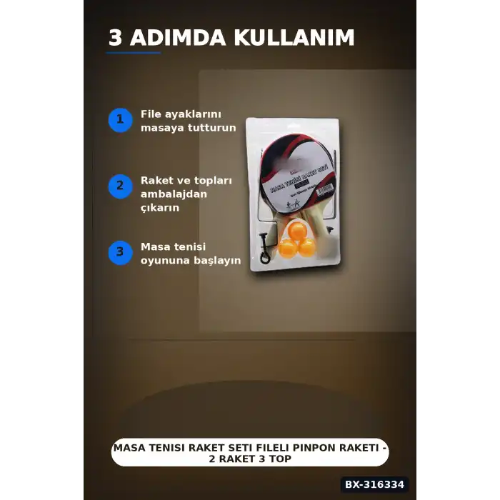 Masa Tenisi Raket Seti Fileli Pinpon Raketi - 2 Raket 3 Top 1 File Ayak BX-316334