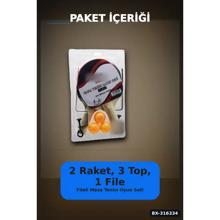 Masa Tenisi Raket Seti Fileli Pinpon Raketi - 2 Raket 3 Top 1 File Ayak BX-316334