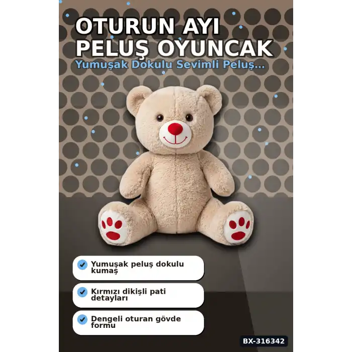 Oturan Ayı Peluş Oyuncak 50 cm Boyutunda Sevimli Çocuk ve Bebek Hediyesi BX-316342