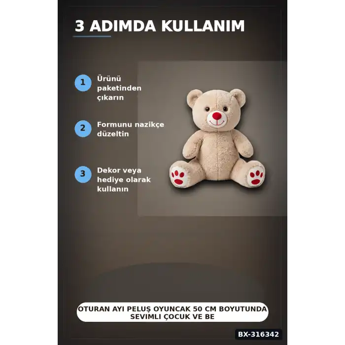 Oturan Ayı Peluş Oyuncak 50 cm Boyutunda Sevimli Çocuk ve Bebek Hediyesi BX-316342