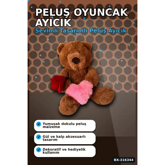 Peluş Oyuncak Ayıcık 25 cm Güllü Kalpli Tasarım - Sevimli Hediyelik Model BX-316344