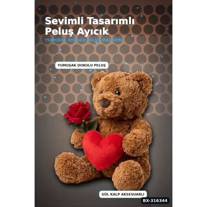 Peluş Oyuncak Ayıcık 25 cm Güllü Kalpli Tasarım - Sevimli Hediyelik Model BX-316344