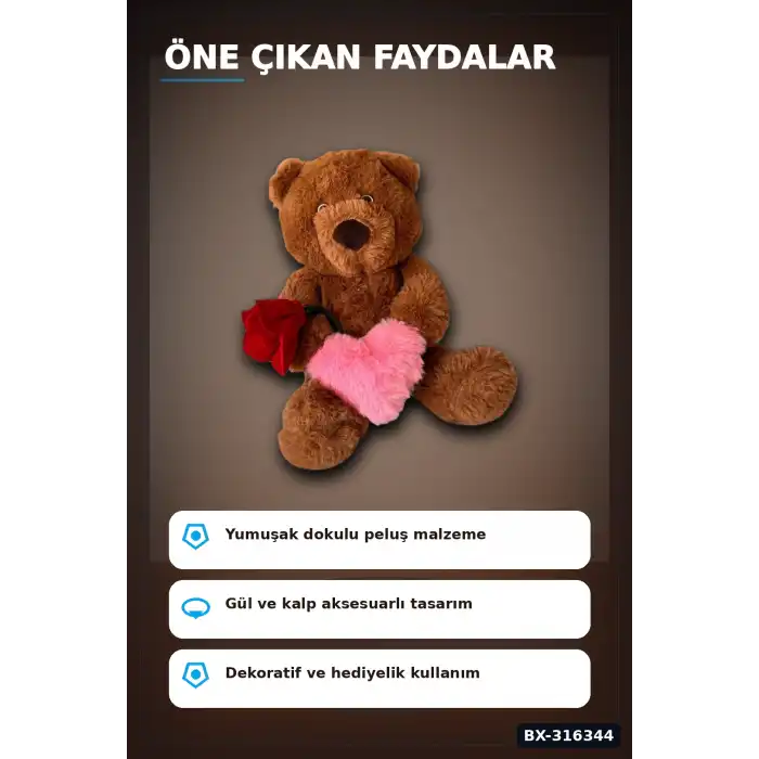 Peluş Oyuncak Ayıcık 25 cm Güllü Kalpli Tasarım - Sevimli Hediyelik Model BX-316344