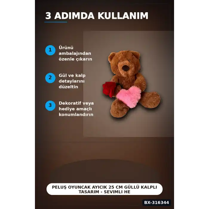 Peluş Oyuncak Ayıcık 25 cm Güllü Kalpli Tasarım - Sevimli Hediyelik Model BX-316344