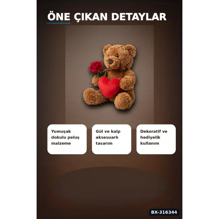 Peluş Oyuncak Ayıcık 25 cm Güllü Kalpli Tasarım - Sevimli Hediyelik Model BX-316344