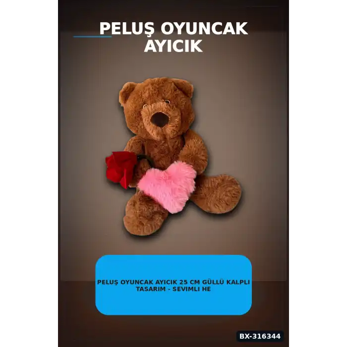 Peluş Oyuncak Ayıcık 25 cm Güllü Kalpli Tasarım - Sevimli Hediyelik Model BX-316344