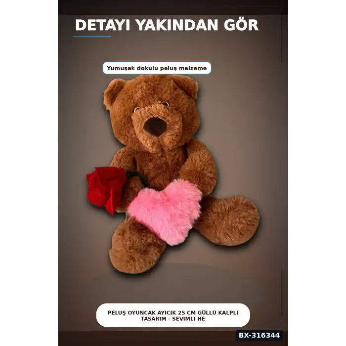 Peluş Oyuncak Ayıcık 25 cm Güllü Kalpli Tasarım - Sevimli Hediyelik Model BX-316344