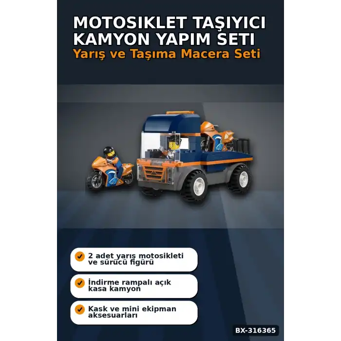 Motosiklet Taşıyıcı Kamyon Yapım Seti 88 Parça 2 Figürlü 4 Yaş Üzeri Çocuk Oyuncağı BX-316365