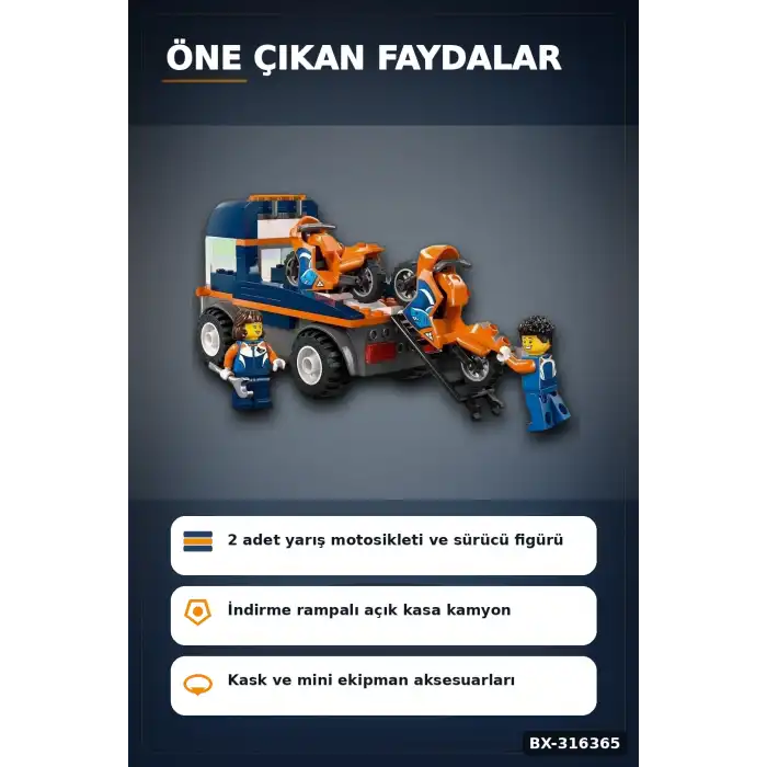Motosiklet Taşıyıcı Kamyon Yapım Seti 88 Parça 2 Figürlü 4 Yaş Üzeri Çocuk Oyuncağı BX-316365