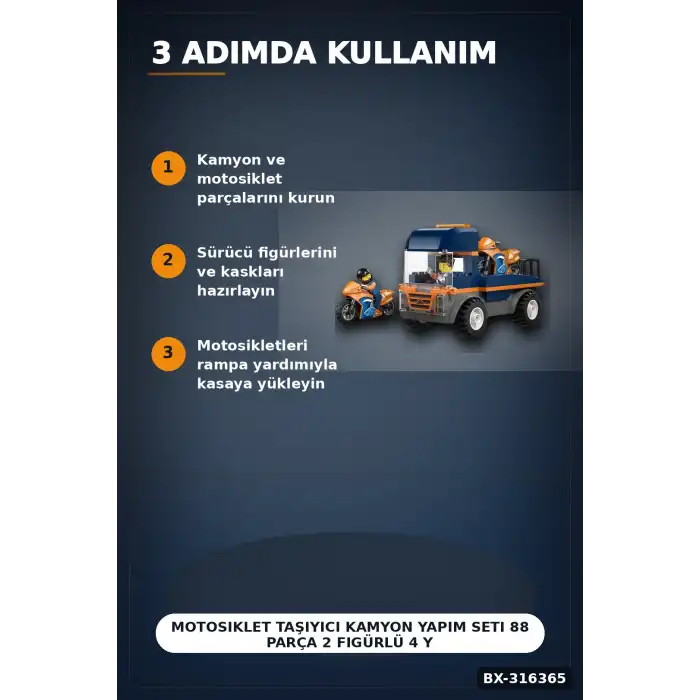Motosiklet Taşıyıcı Kamyon Yapım Seti 88 Parça 2 Figürlü 4 Yaş Üzeri Çocuk Oyuncağı BX-316365