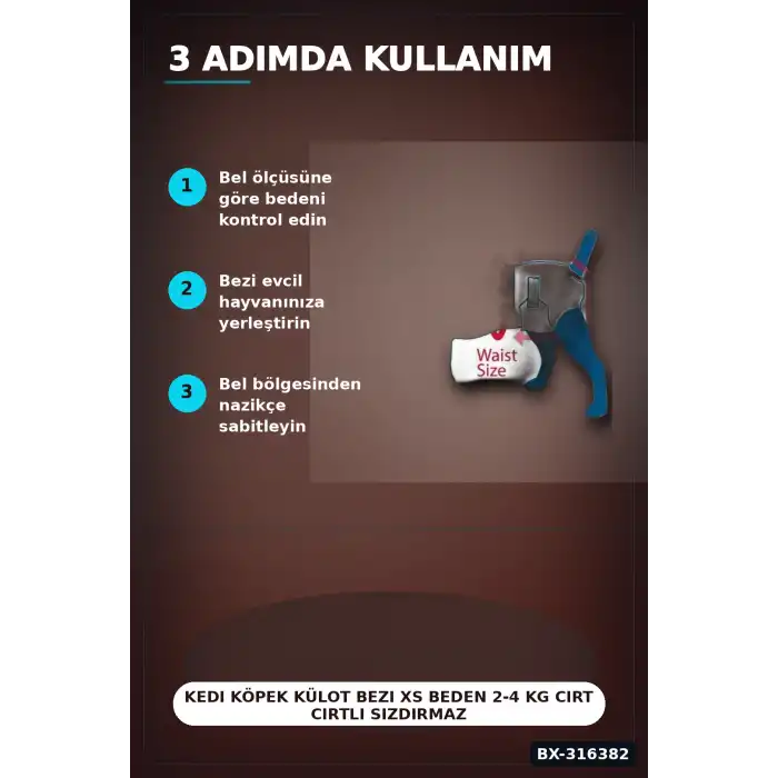 Kedi Köpek Külot Bezi XS Beden 2-4 kg Cırt Cırtlı Sızdırmaz Hasta Bezi BX-316382