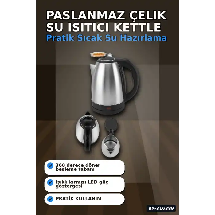 Paslanmaz Çelik Su Isıtıcı Kettle 1.8 Litre Otomatik Kapanan Gizli Rezistans Inox BX-316389
