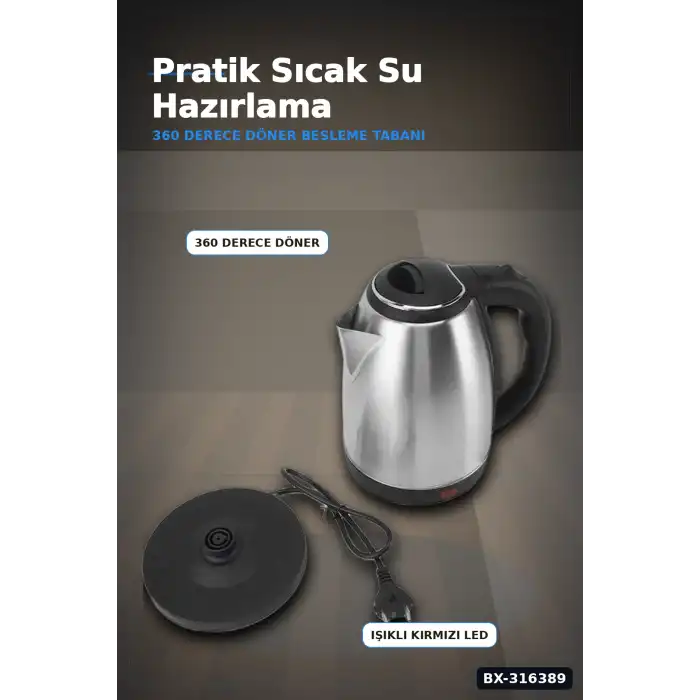 Paslanmaz Çelik Su Isıtıcı Kettle 1.8 Litre Otomatik Kapanan Gizli Rezistans Inox BX-316389