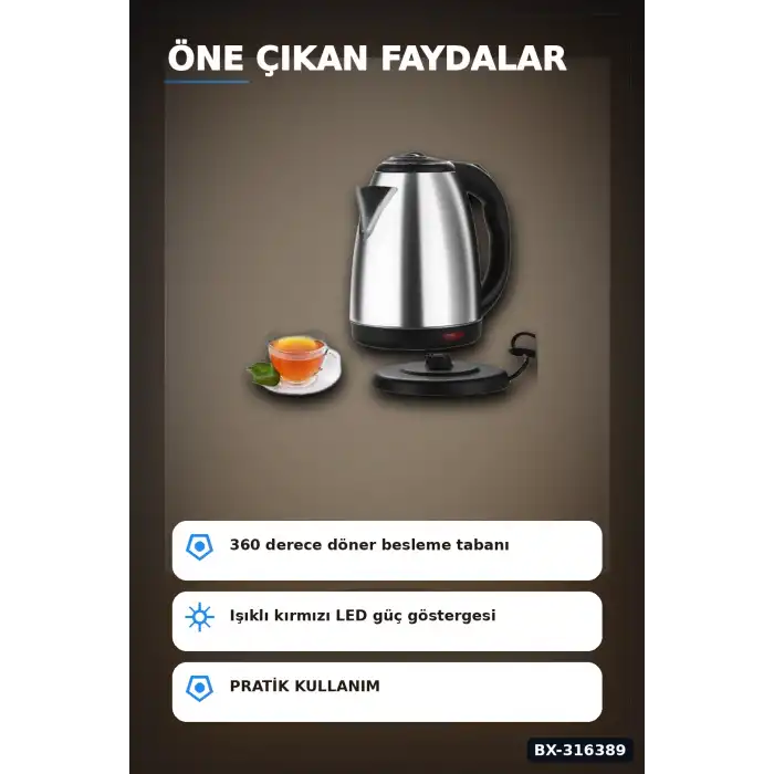 Paslanmaz Çelik Su Isıtıcı Kettle 1.8 Litre Otomatik Kapanan Gizli Rezistans Inox BX-316389