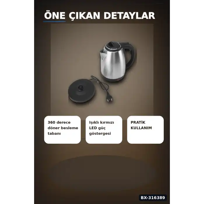 Paslanmaz Çelik Su Isıtıcı Kettle 1.8 Litre Otomatik Kapanan Gizli Rezistans Inox BX-316389