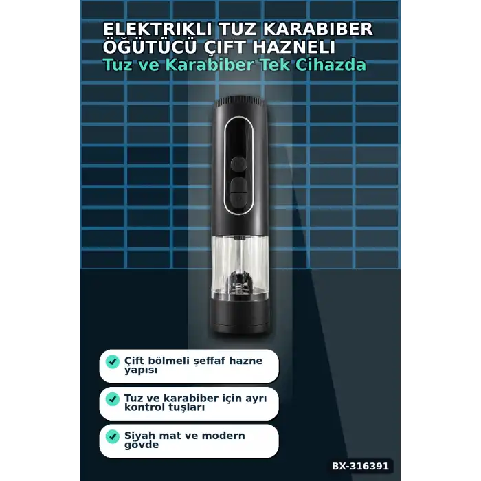 Elektrikli Tuz ve Karabiber Öğütücü Şarjlı Çift Bölmeli LED Işıklı Mutfak Değirmeni BX-316391