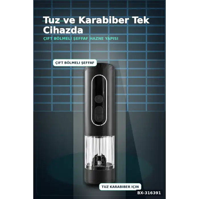 Elektrikli Tuz ve Karabiber Öğütücü Şarjlı Çift Bölmeli LED Işıklı Mutfak Değirmeni BX-316391