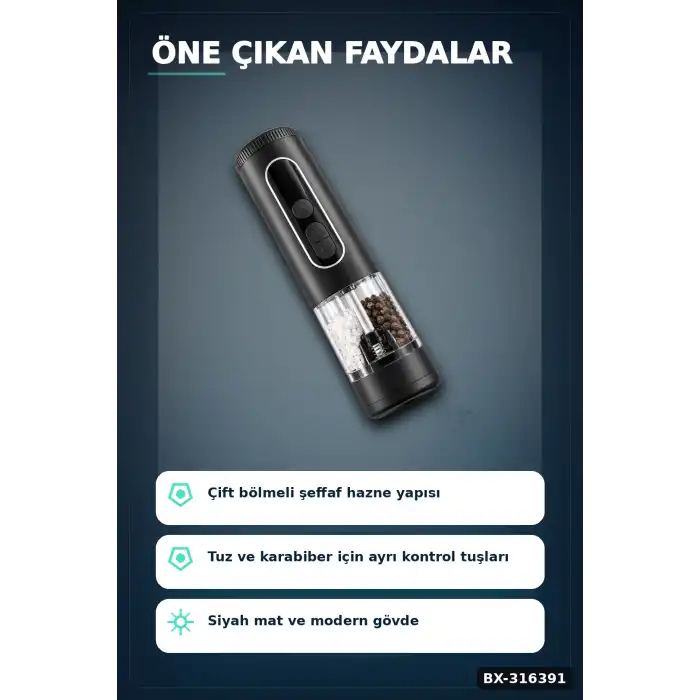 Elektrikli Tuz ve Karabiber Öğütücü Şarjlı Çift Bölmeli LED Işıklı Mutfak Değirmeni BX-316391