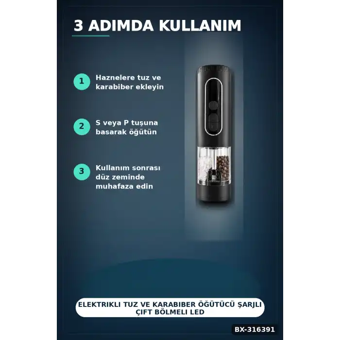 Elektrikli Tuz ve Karabiber Öğütücü Şarjlı Çift Bölmeli LED Işıklı Mutfak Değirmeni BX-316391