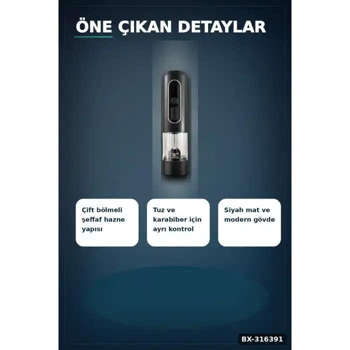 Elektrikli Tuz ve Karabiber Öğütücü Şarjlı Çift Bölmeli LED Işıklı Mutfak Değirmeni BX-316391