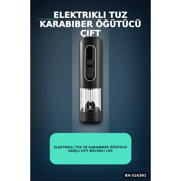 Elektrikli Tuz ve Karabiber Öğütücü Şarjlı Çift Bölmeli LED Işıklı Mutfak Değirmeni BX-316391