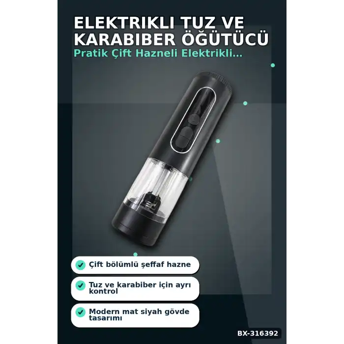 Elektrikli Baharat ve Karabiber Öğütücü Şarjlı Çift Bölmeli LED Işıklı BX-316392