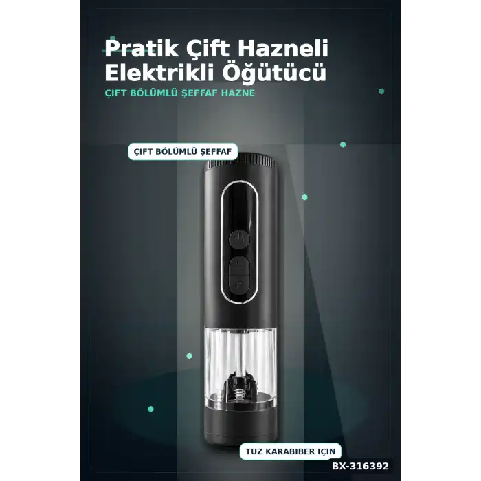 Elektrikli Baharat ve Karabiber Öğütücü Şarjlı Çift Bölmeli LED Işıklı BX-316392