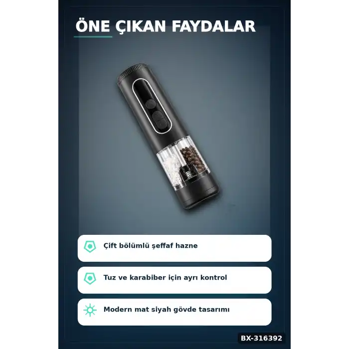 Elektrikli Baharat ve Karabiber Öğütücü Şarjlı Çift Bölmeli LED Işıklı BX-316392