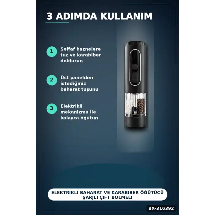 Elektrikli Baharat ve Karabiber Öğütücü Şarjlı Çift Bölmeli LED Işıklı BX-316392