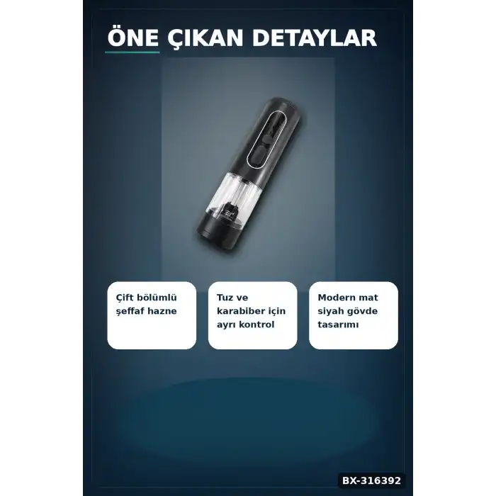 Elektrikli Baharat ve Karabiber Öğütücü Şarjlı Çift Bölmeli LED Işıklı BX-316392