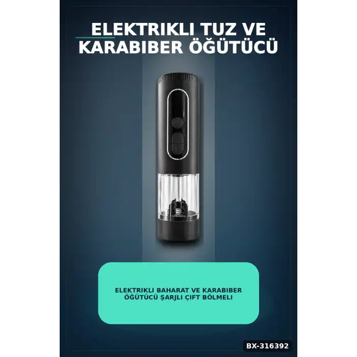 Elektrikli Baharat ve Karabiber Öğütücü Şarjlı Çift Bölmeli LED Işıklı BX-316392