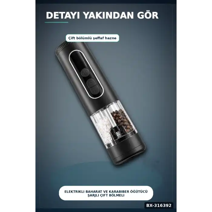 Elektrikli Baharat ve Karabiber Öğütücü Şarjlı Çift Bölmeli LED Işıklı BX-316392