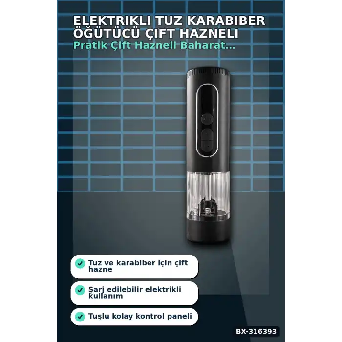 Elektrikli Tuz Karabiber Öğütücü Çift Hazneli Şarjlı LED Işıklı Mutfak Baharat Değirmeni BX-316393