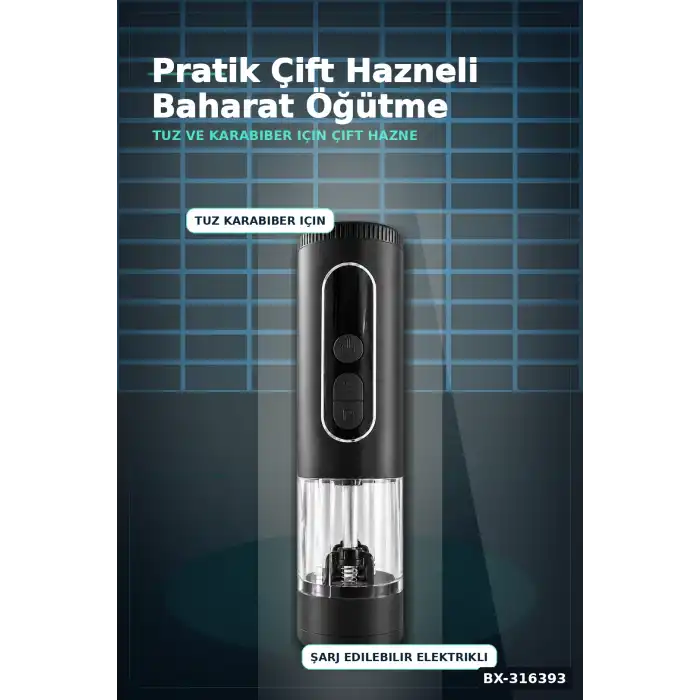 Elektrikli Tuz Karabiber Öğütücü Çift Hazneli Şarjlı LED Işıklı Mutfak Baharat Değirmeni BX-316393