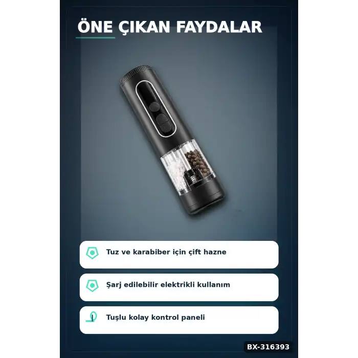 Elektrikli Tuz Karabiber Öğütücü Çift Hazneli Şarjlı LED Işıklı Mutfak Baharat Değirmeni BX-316393