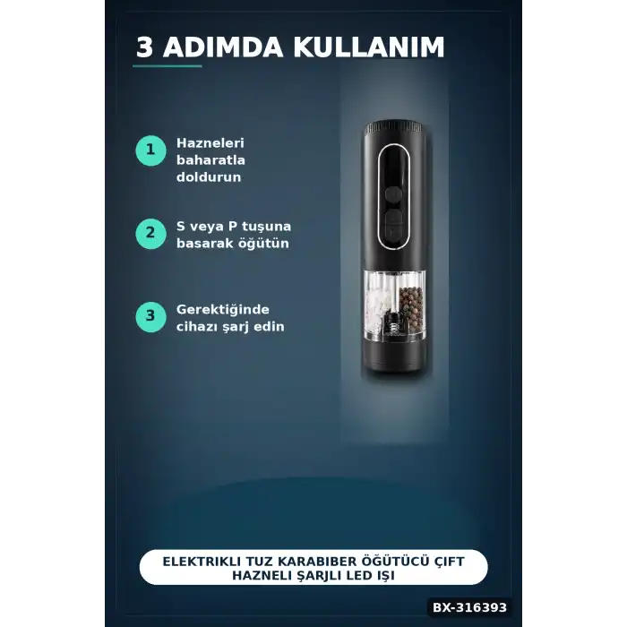 Elektrikli Tuz Karabiber Öğütücü Çift Hazneli Şarjlı LED Işıklı Mutfak Baharat Değirmeni BX-316393