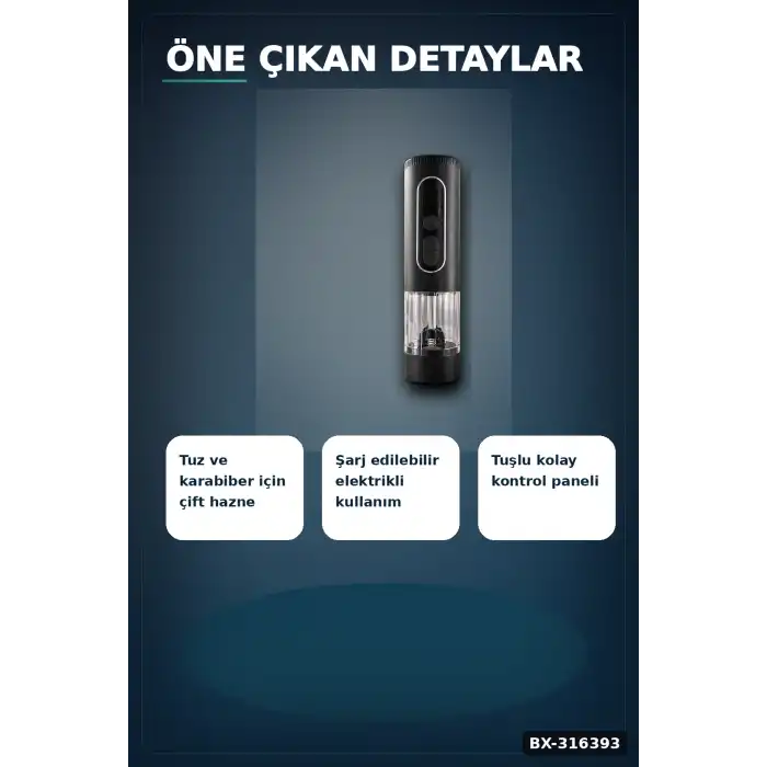 Elektrikli Tuz Karabiber Öğütücü Çift Hazneli Şarjlı LED Işıklı Mutfak Baharat Değirmeni BX-316393
