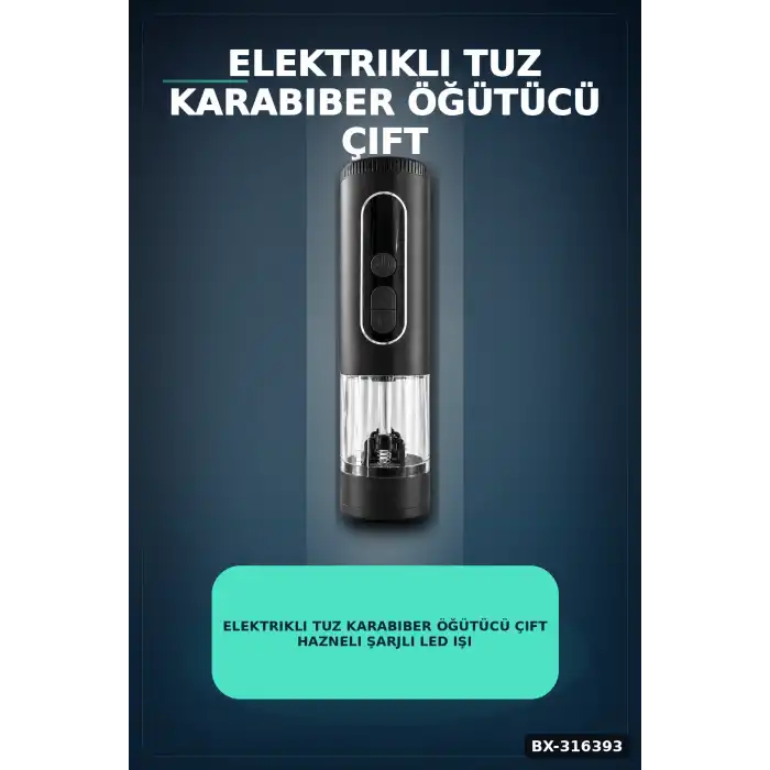 Elektrikli Tuz Karabiber Öğütücü Çift Hazneli Şarjlı LED Işıklı Mutfak Baharat Değirmeni BX-316393