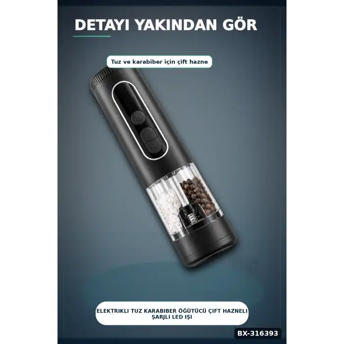 Elektrikli Tuz Karabiber Öğütücü Çift Hazneli Şarjlı LED Işıklı Mutfak Baharat Değirmeni BX-316393