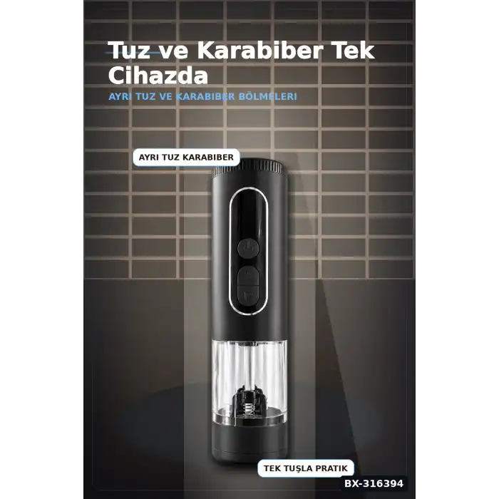 Tuz ve Karabiber Öğütücü Şarjlı Çift Hazneli LED Ekranlı 900 mAh Model BX-316394
