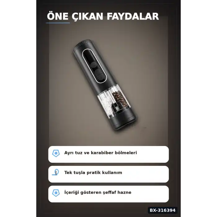 Tuz ve Karabiber Öğütücü Şarjlı Çift Hazneli LED Ekranlı 900 mAh Model BX-316394